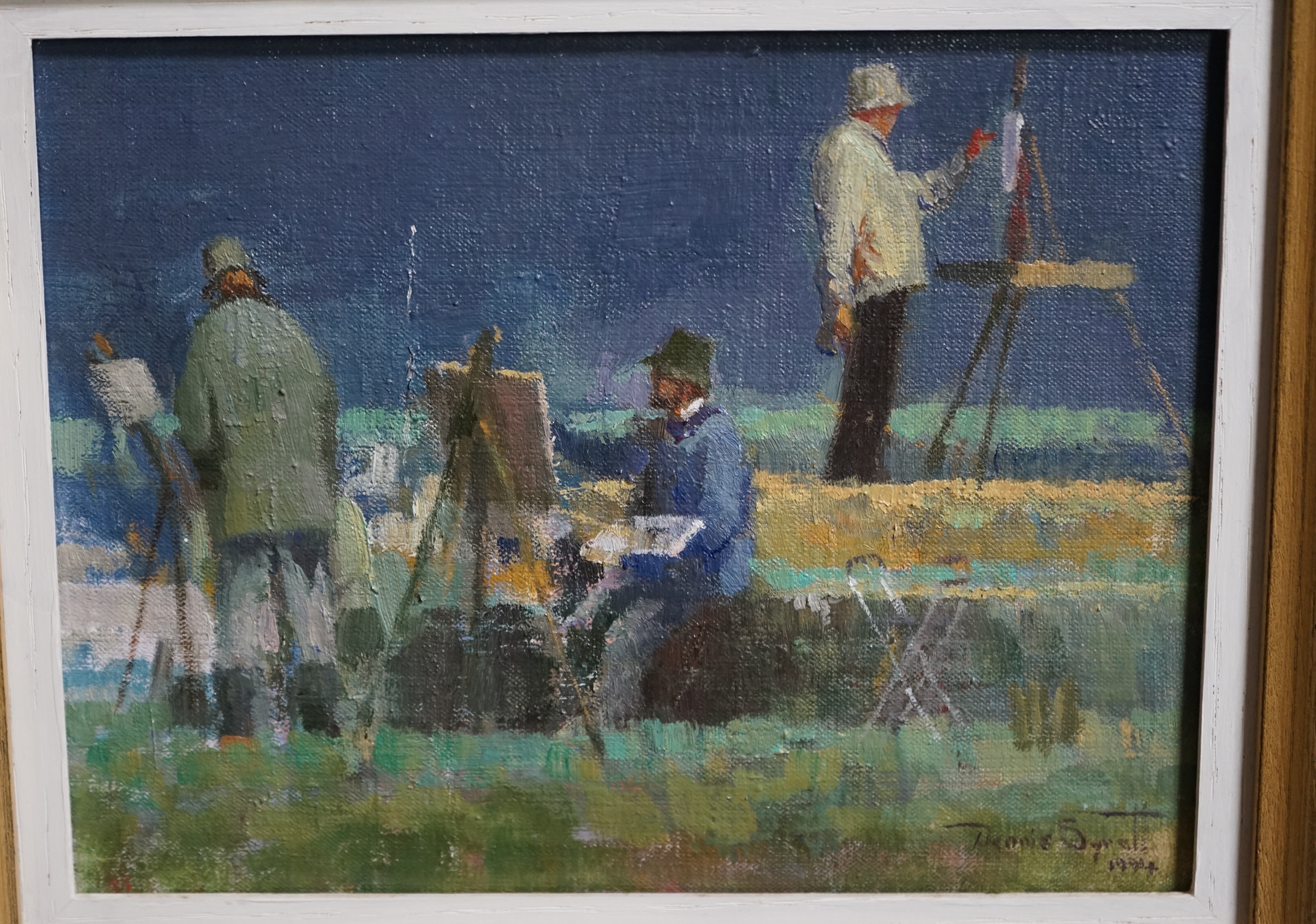 Dennis Syrett (Wapping Group, b.1934), oil on canvas, ‘Painters at Heybridge’, signed and dated 1994, 16.5 x 21.5cm. Condition - good